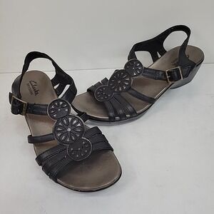 Clarks Bendables Women's Blk Leather Strappy Sandals, Size 8.5 W Low Heel